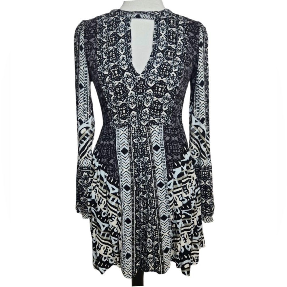 Free People Black & White Printed Keyhole Long Sleeve Dress XS